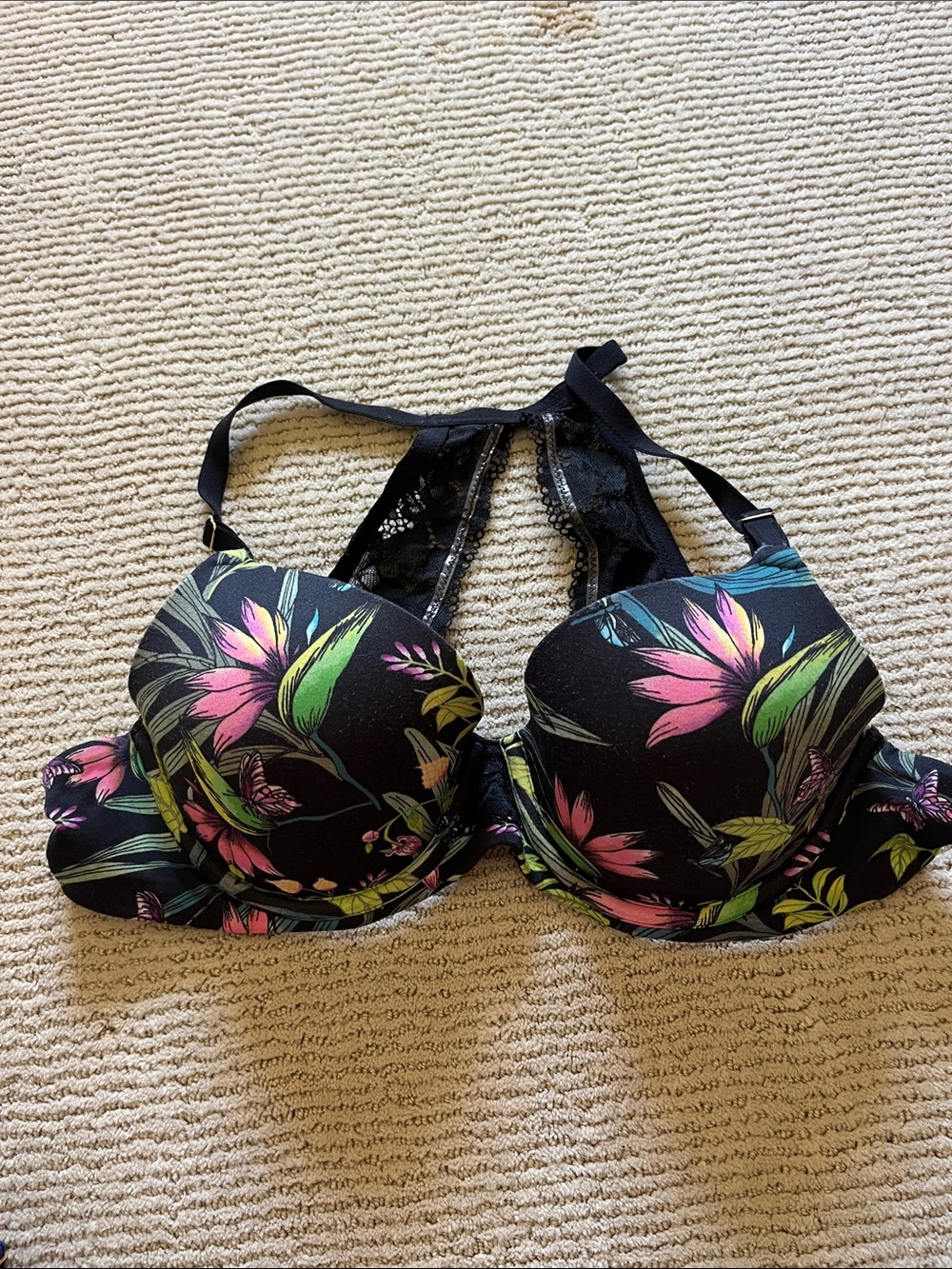 Soma Black Floral Racer Back Bra 36B with Green and Yellow Accents